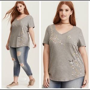Torrid Embroidered V Neck Gray Bird Floral Tee 3x
